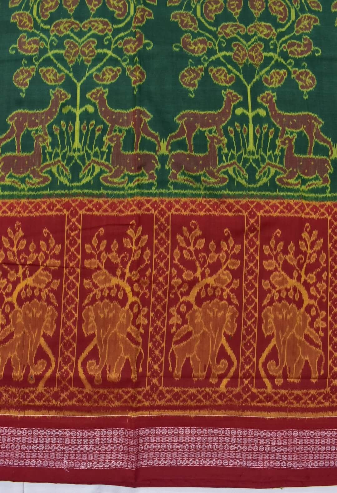 Green-Red Combination Elephant Design Sambalpuri Handloom Cotton Bandha Saree - Image 4