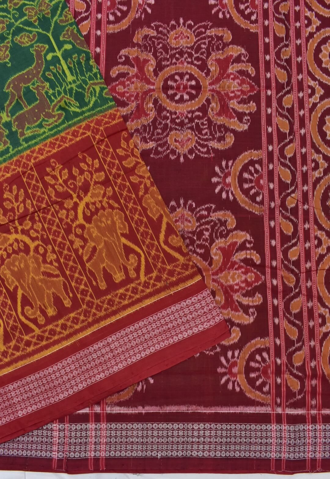 Green-Red Combination Elephant Design Sambalpuri Handloom Cotton Bandha Saree - Image 3