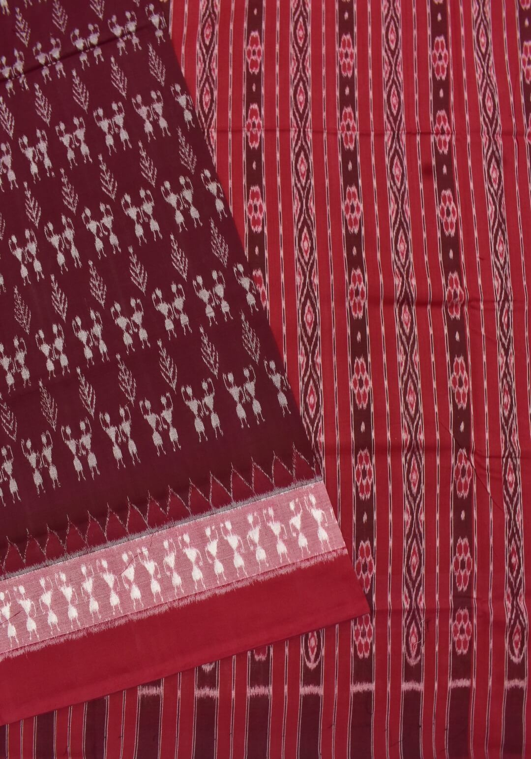Maroon Colour Tribal Design Sambalpuri Handloom Cotton Bandha Saree - Image 3