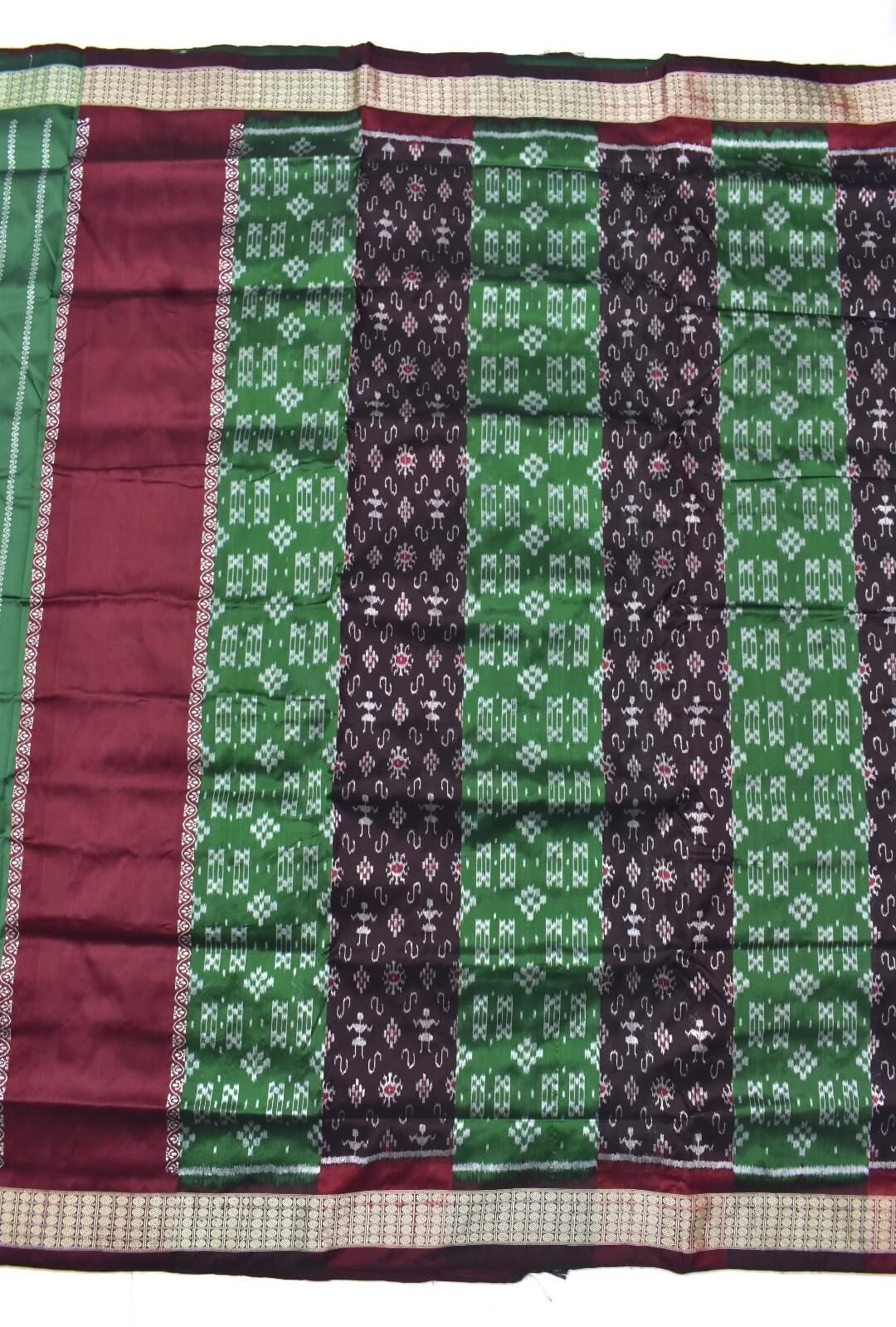 Green-Maroon Combination Half Half Design Sambalpuri Handloom Bandha Silk Saree