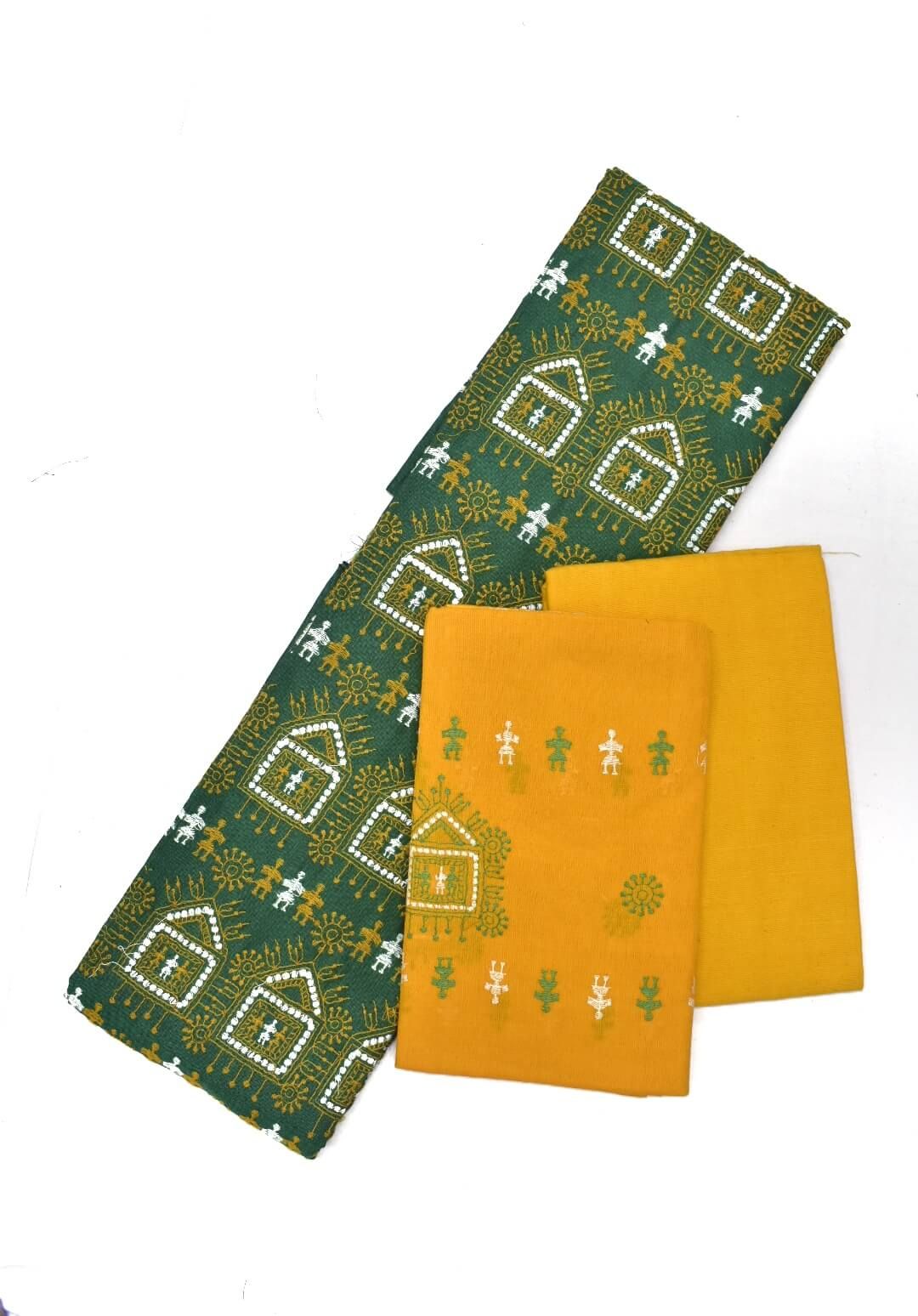 Green Colour Tribal Design Sambalpuri Handloom Bomkai Dress Materials