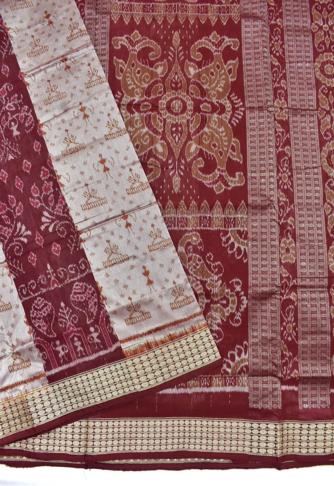 Silver-Maroon Combination Sambalpuri Handloom Bandha Silk Saree - Image 3