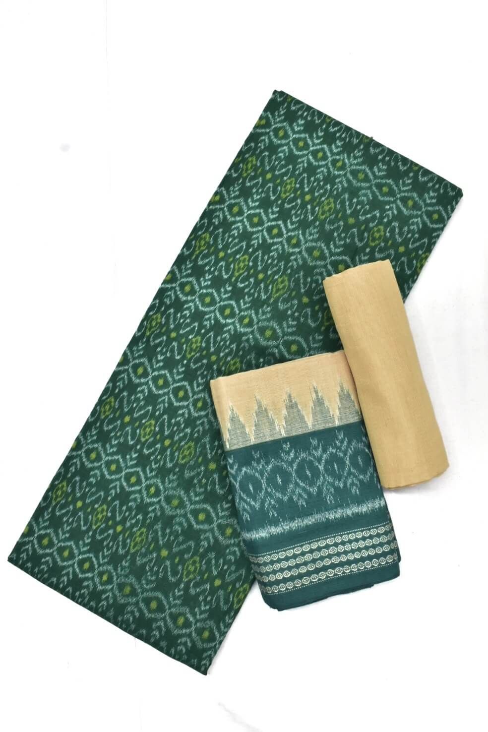 Green - Sambalpuri Ikat Handloom Cotton 3pc Unstitched Dress Material Suit Set 44