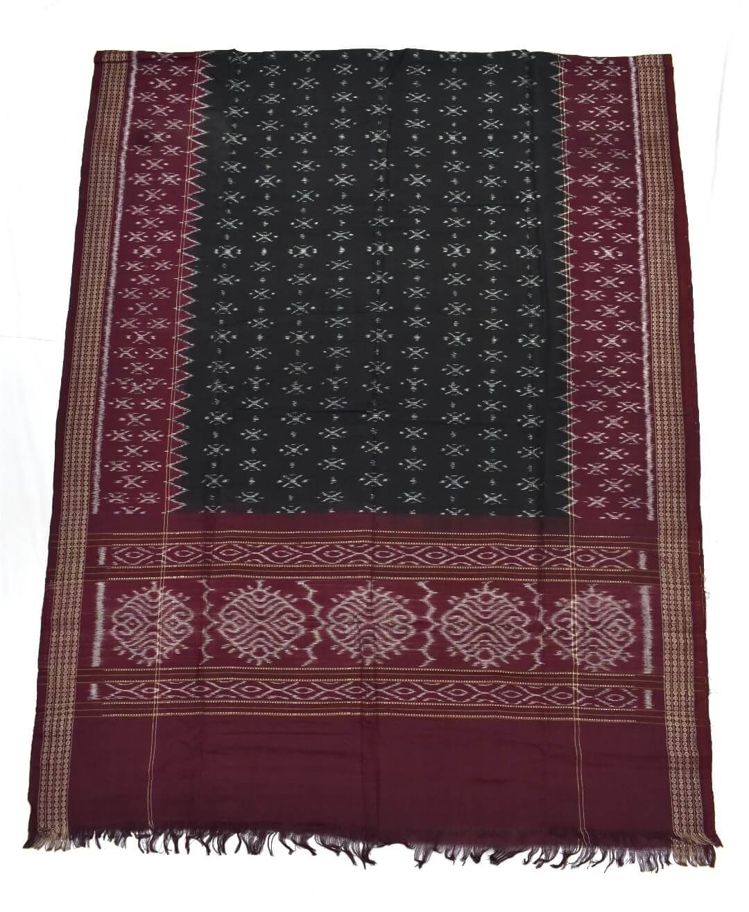Maroon - Sambalpuri Ikat Handloom Embroidered Cotton 3pc Unstitched Dress Material Suit Set 02