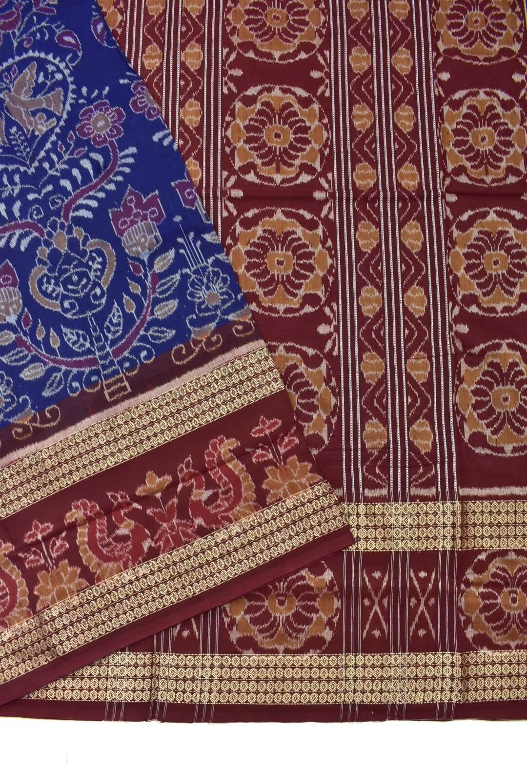 Blue Colour Bird Design Sambalpuri Handloom Cotton Bandha Saree - Image 3