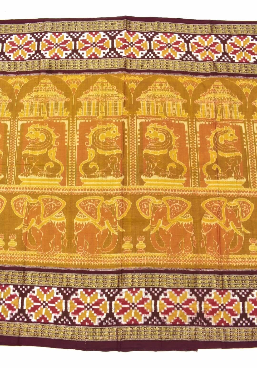 Yellow Colour Elephant Design Sambalpuri Handloom Cotton Bandha Saree