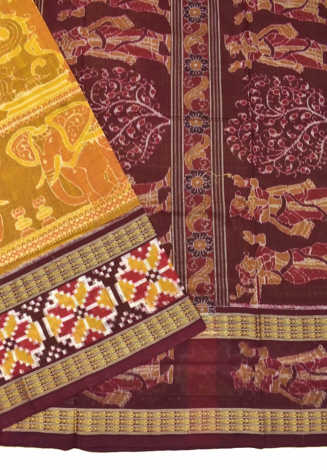Yellow Colour Elephant Design Sambalpuri Handloom Cotton Bandha Saree - Image 3