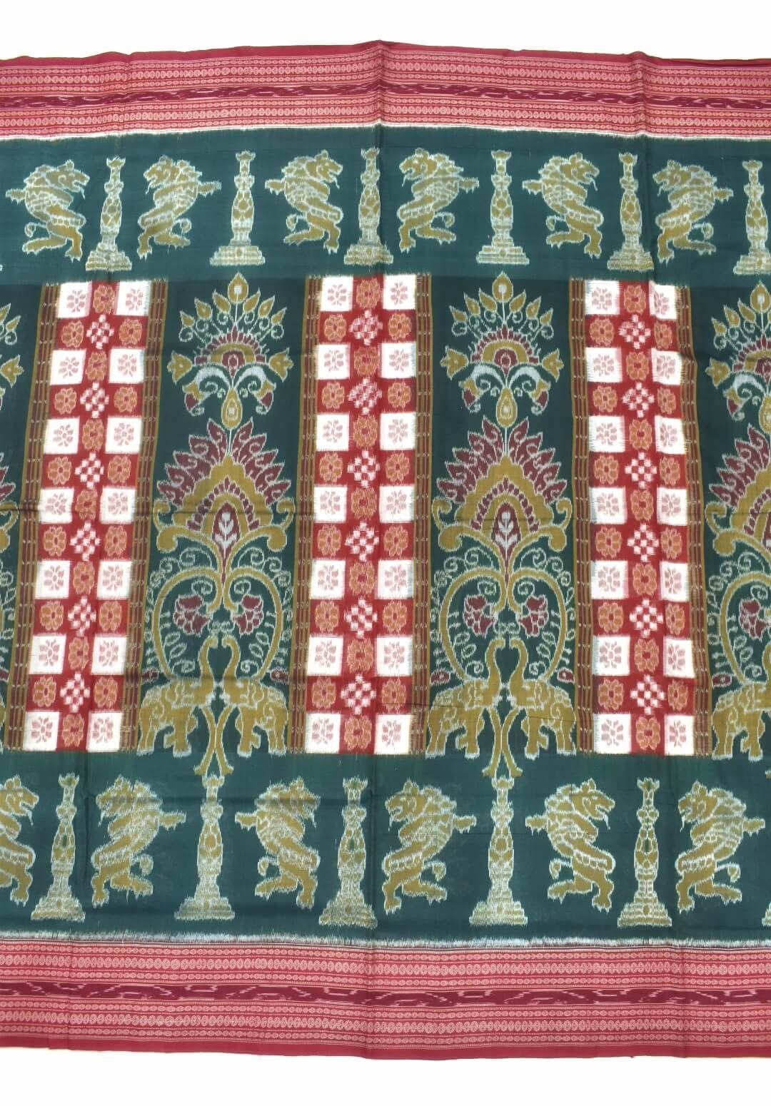 Green-Red Combination Elephant Design Sambalpuri Handloom Cotton Saree