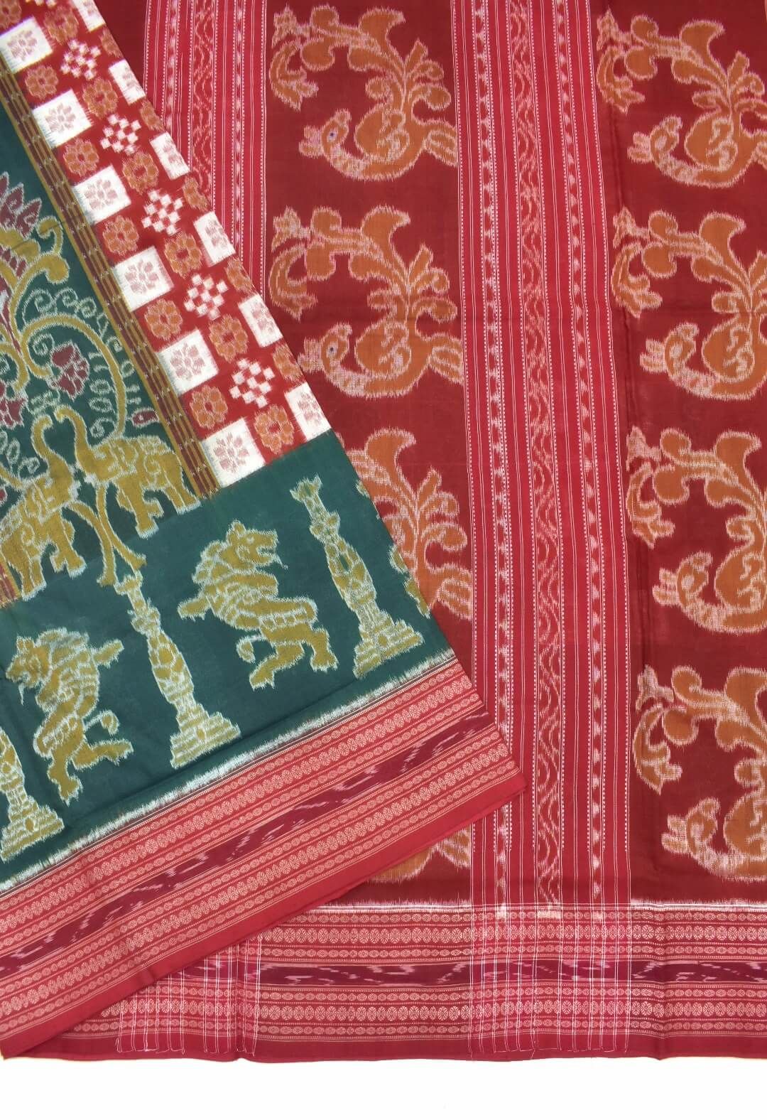 Green-Red Combination Elephant Design Sambalpuri Handloom Cotton Saree - Image 3