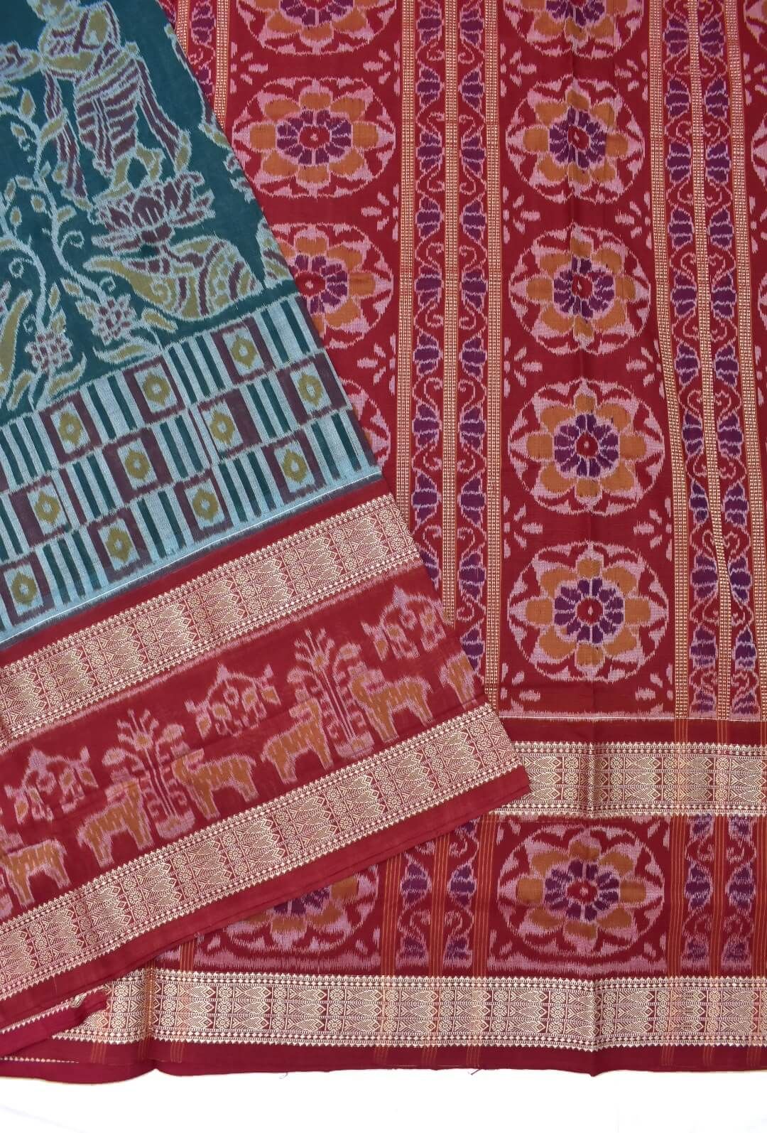 Green Colour nartaki Design Sambalpuri Handloom Bandha Cotton Saree - Image 3