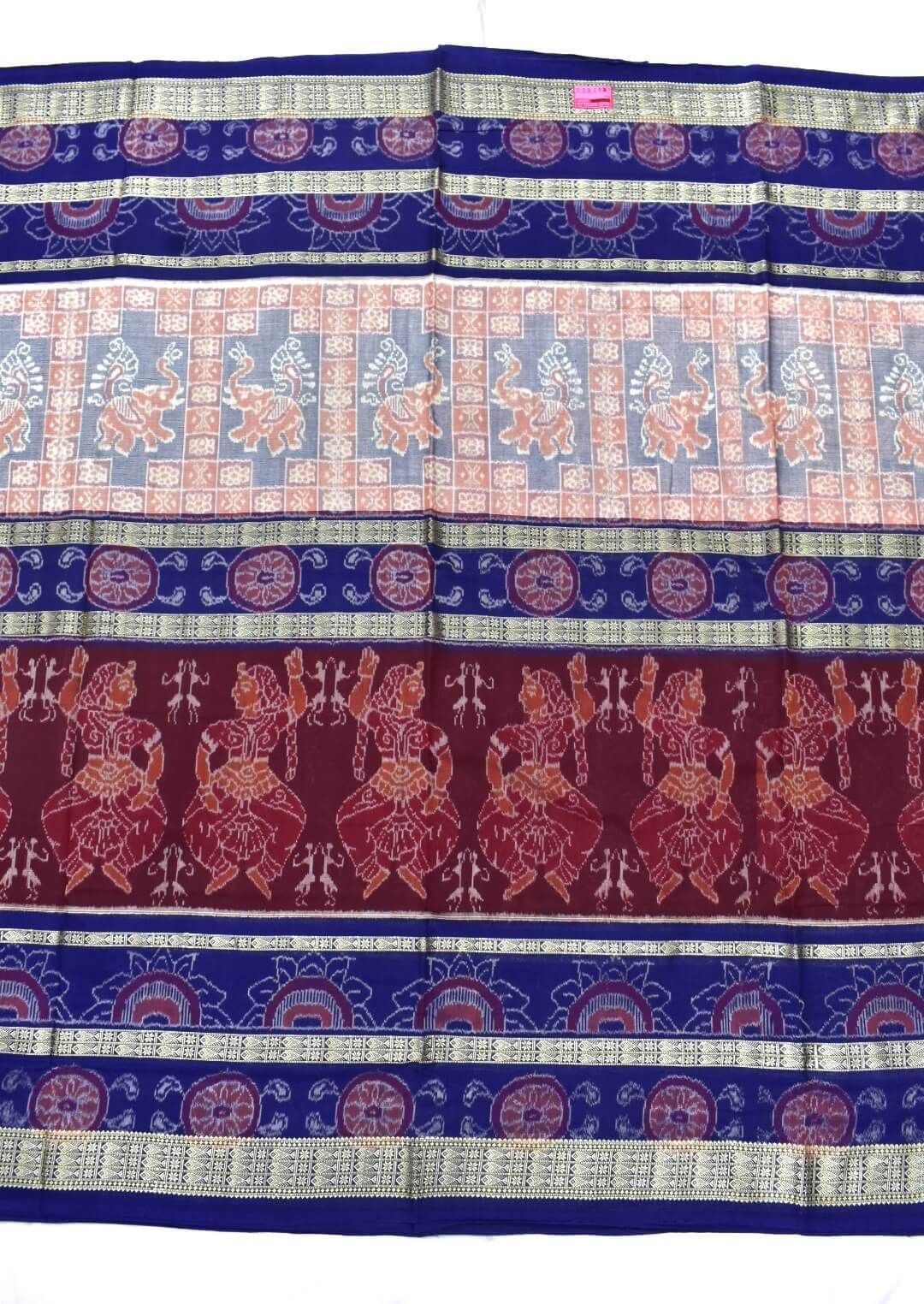 Maroon-Lite Combination Triple Border Design Sambalpuri Handloom Cotton Bandha Saree