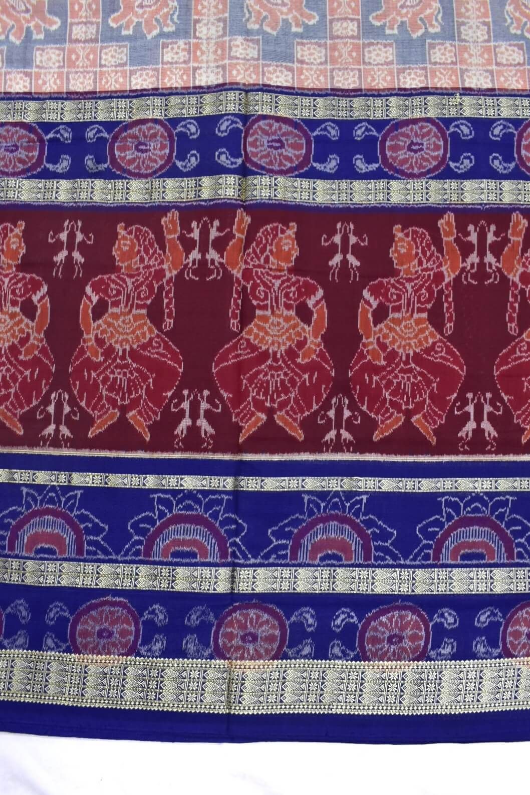 Maroon-Lite Combination Triple Border Design Sambalpuri Handloom Cotton Bandha Saree - Image 4