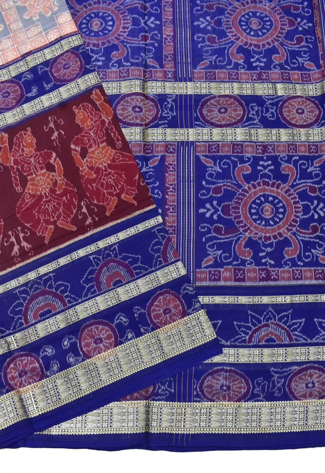 Maroon-Lite Combination Triple Border Design Sambalpuri Handloom Cotton Bandha Saree - Image 3