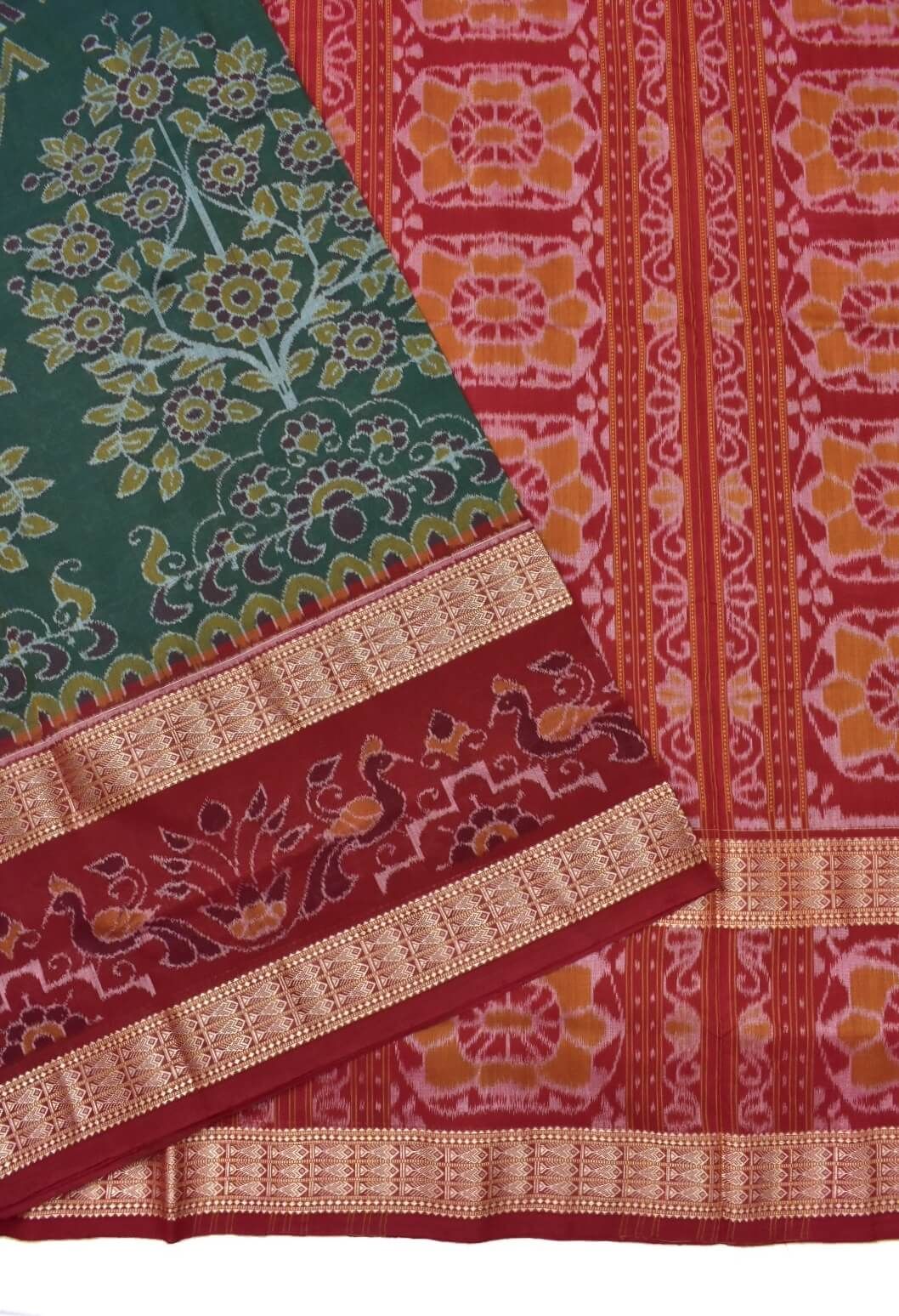 Green-Red Colour Sambalpuri Handloom Cotton Bandha Saree - Image 4