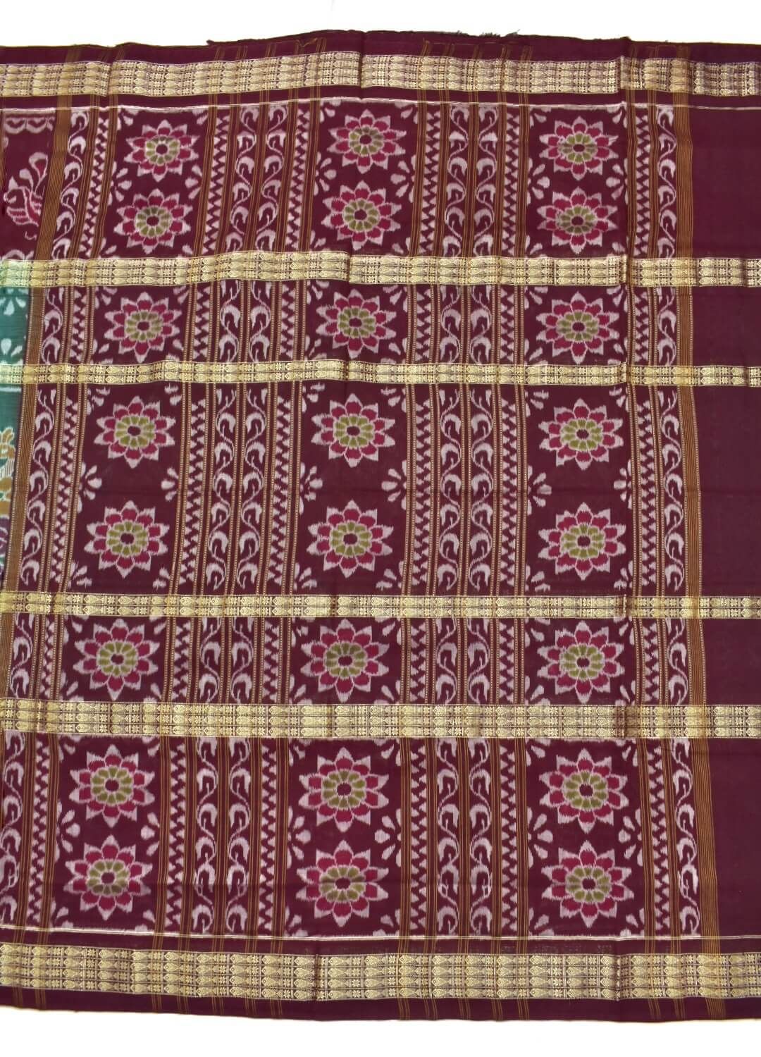 Green-Maroon Triple Border Sambalpuri Handloom Cotton Bandha Saree - Image 2