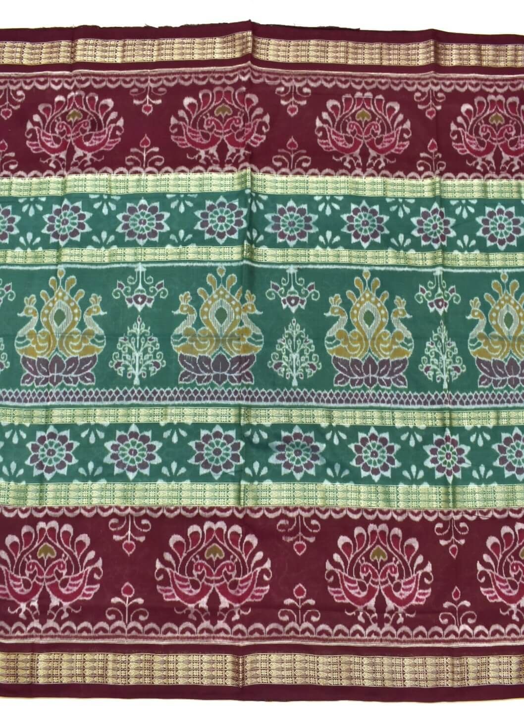 Green-Maroon Triple Border Sambalpuri Handloom Cotton Bandha Saree