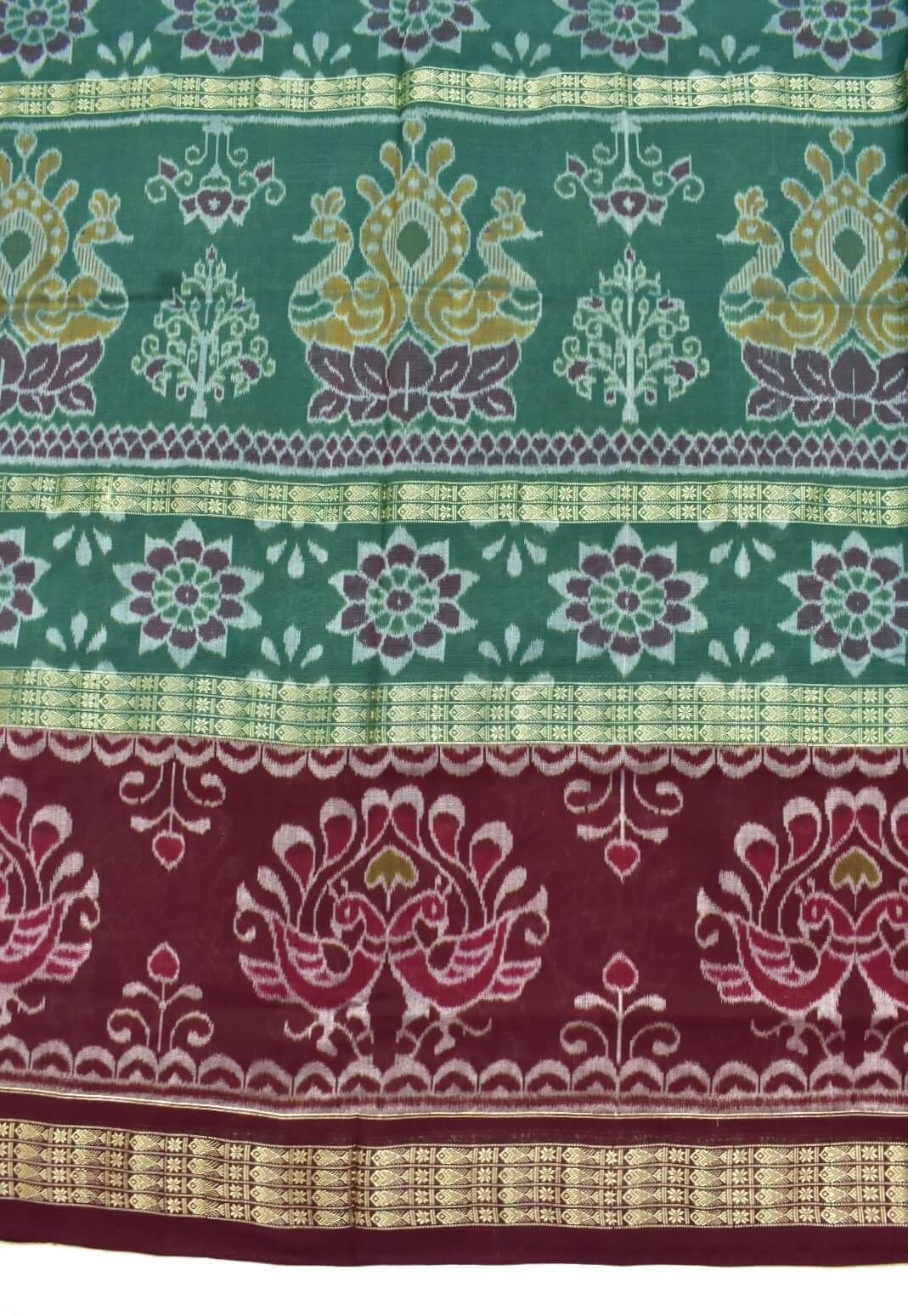Green-Maroon Triple Border Sambalpuri Handloom Cotton Bandha Saree - Image 4