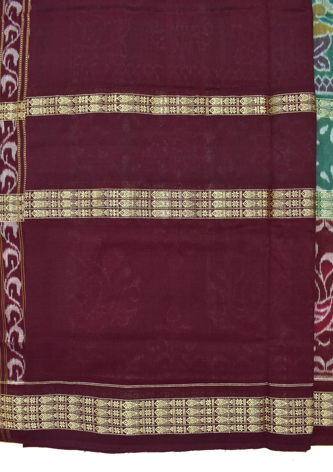 Green-Maroon Triple Border Sambalpuri Handloom Cotton Bandha Saree - Image 5