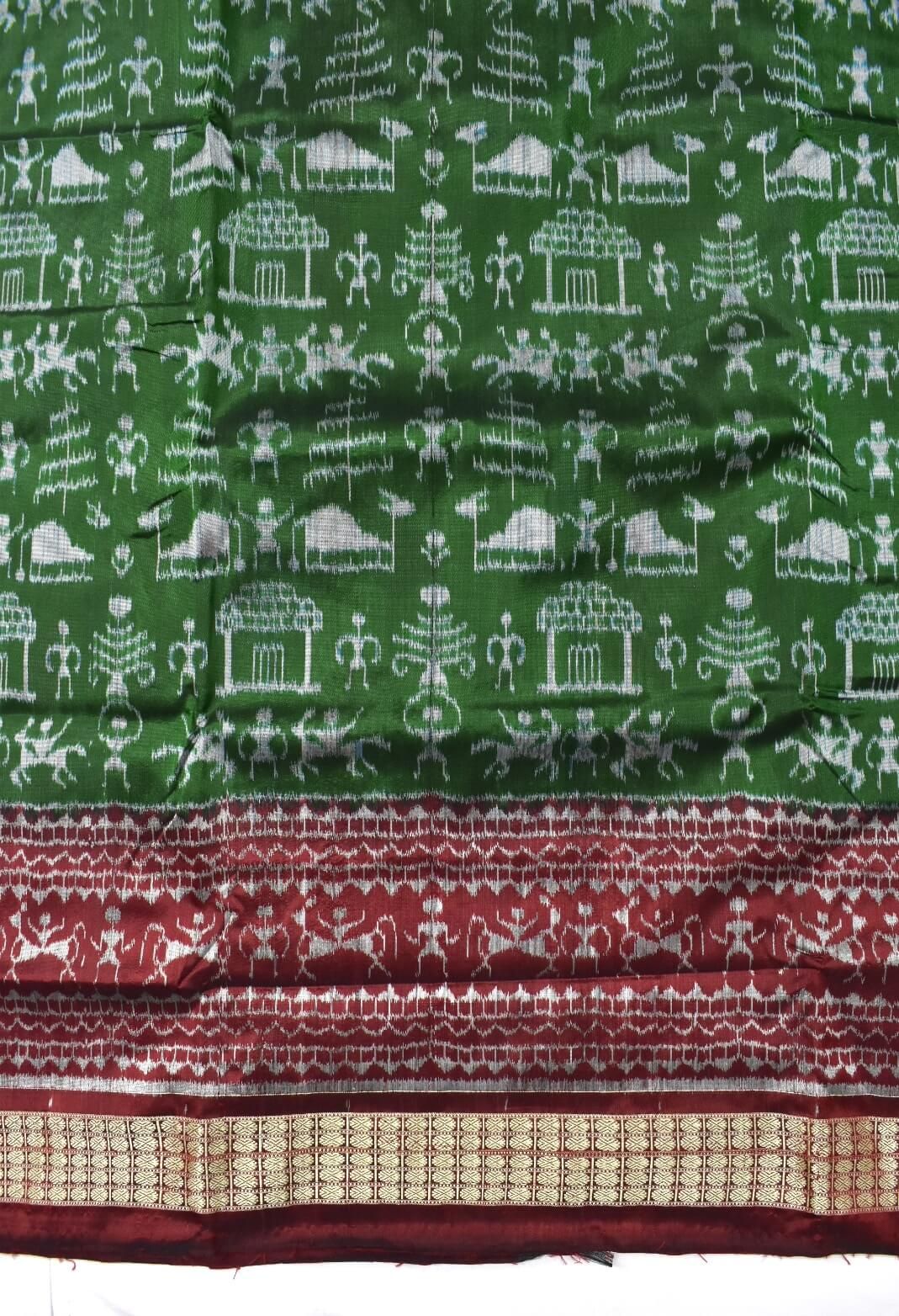 Green-Maroon Half Half Design Sambalpuri Handloom Silk Saree - Image 5