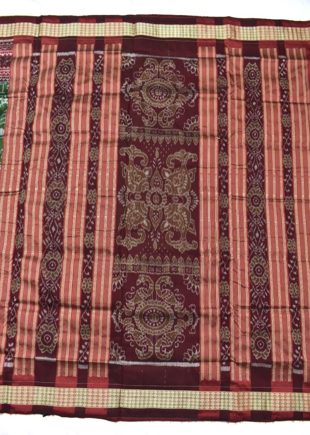 Green-Maroon Half Half Design Sambalpuri Handloom Silk Saree - Image 2