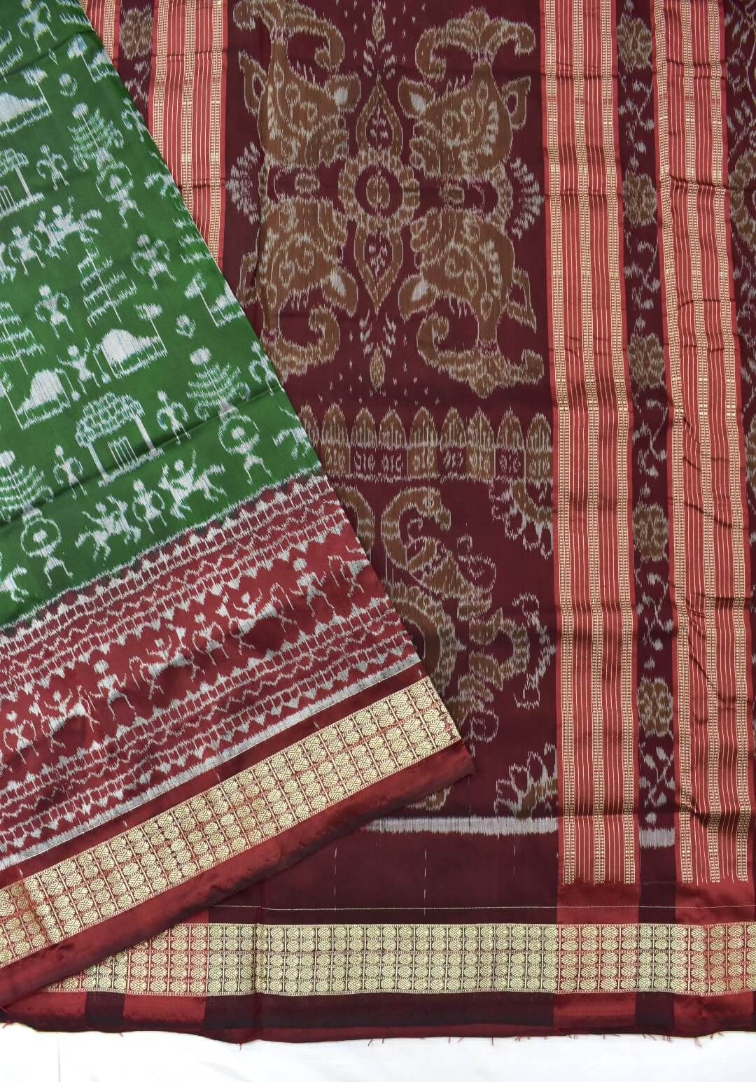 Green-Maroon Half Half Design Sambalpuri Handloom Silk Saree - Image 4