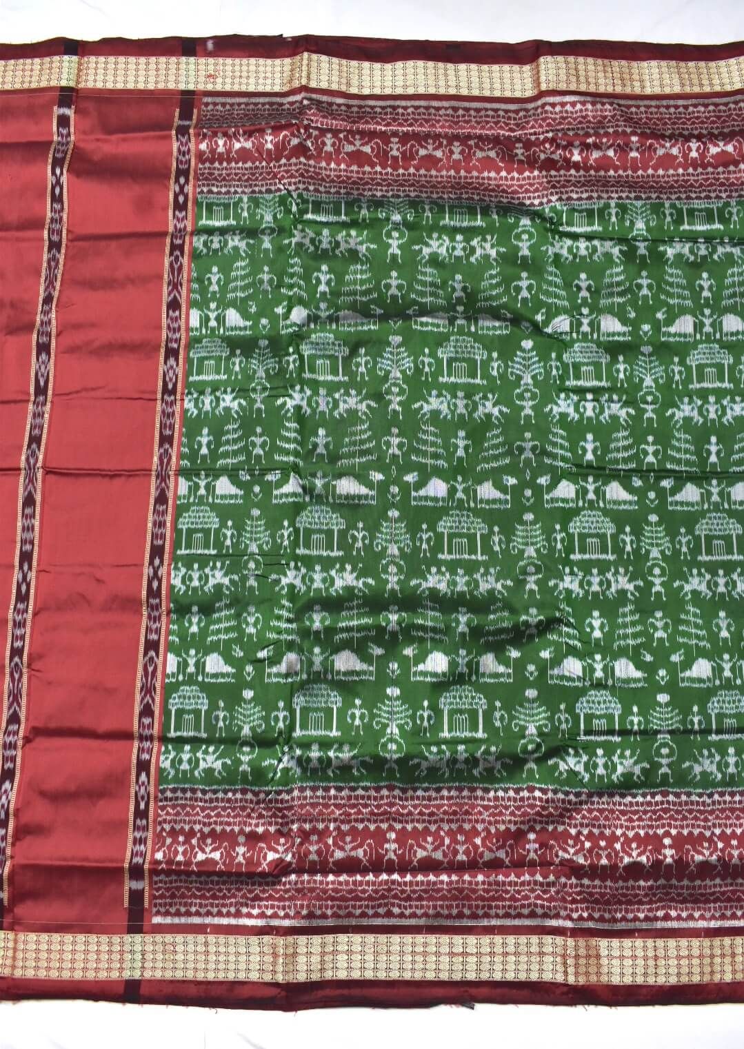 Green-Maroon Half Half Design Sambalpuri Handloom Silk Saree