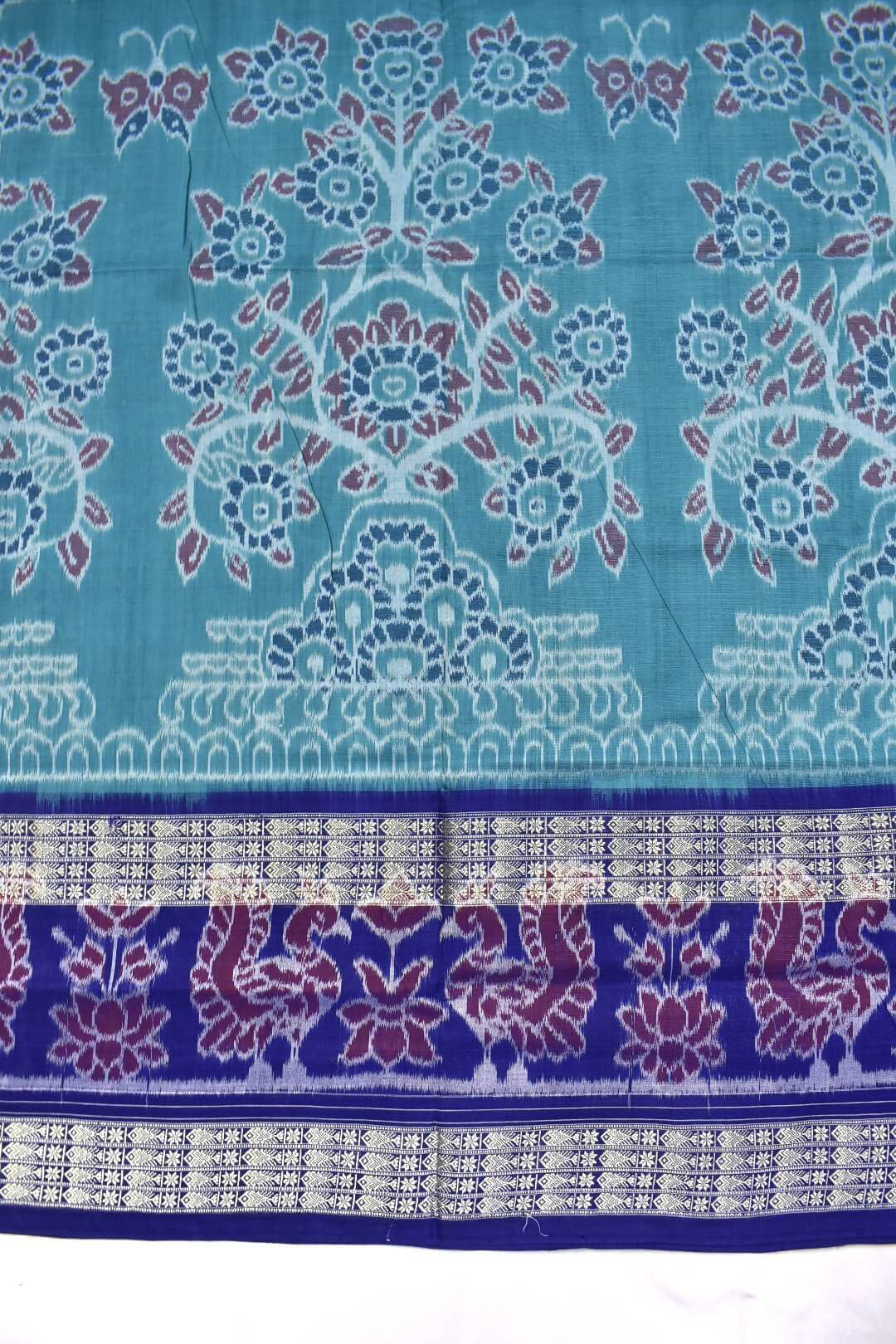 Rama Green Double Border Colour Sambalpuri Handloom Cotton Bandha Saree - Image 4