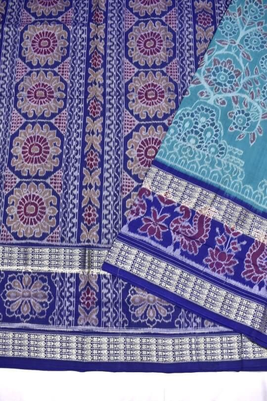 Rama Green Double Border Colour Sambalpuri Handloom Cotton Bandha Saree - Image 3