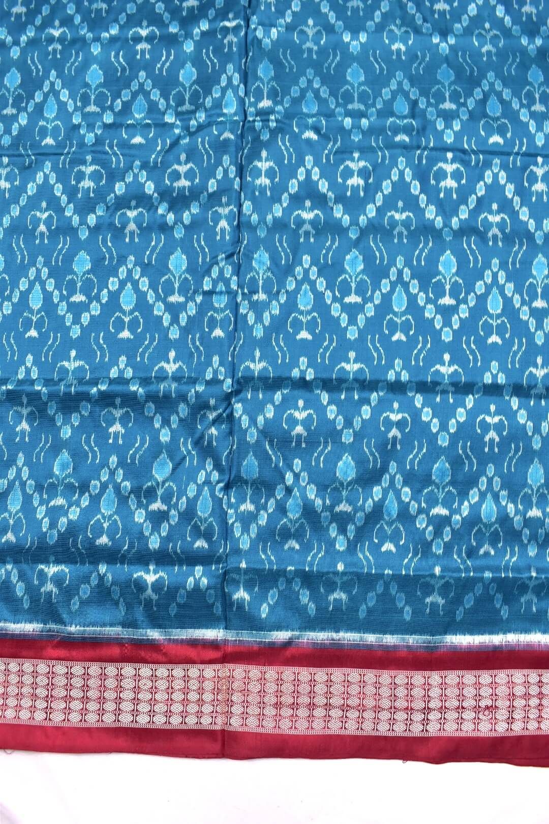 Teal Colour Tribal Design Sambalpuri Handloom Bandha Silk Saree - Image 4