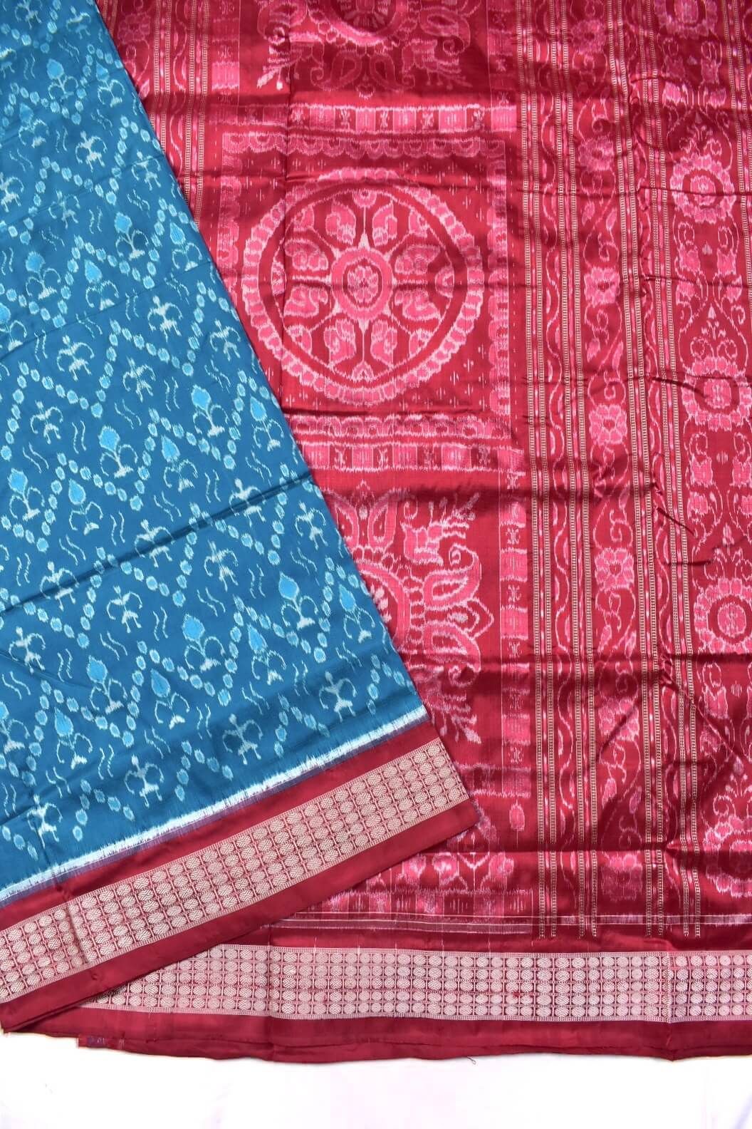 Teal Colour Tribal Design Sambalpuri Handloom Bandha Silk Saree - Image 3