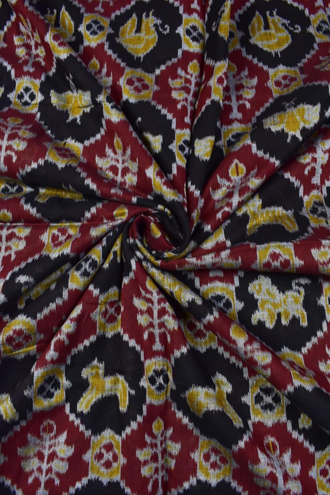Black-Maroon Combination Animal Design Sambalpuri Handloom Cotton Fabrics