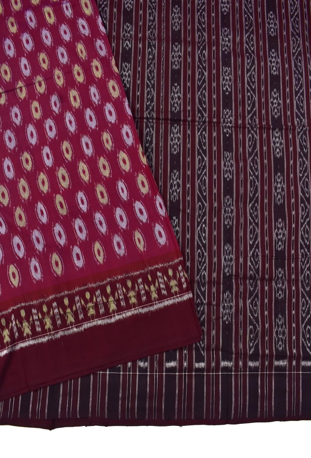 Burgundy Colour Plane Border Sambalpuri Handloom Cotton Saree - Image 3