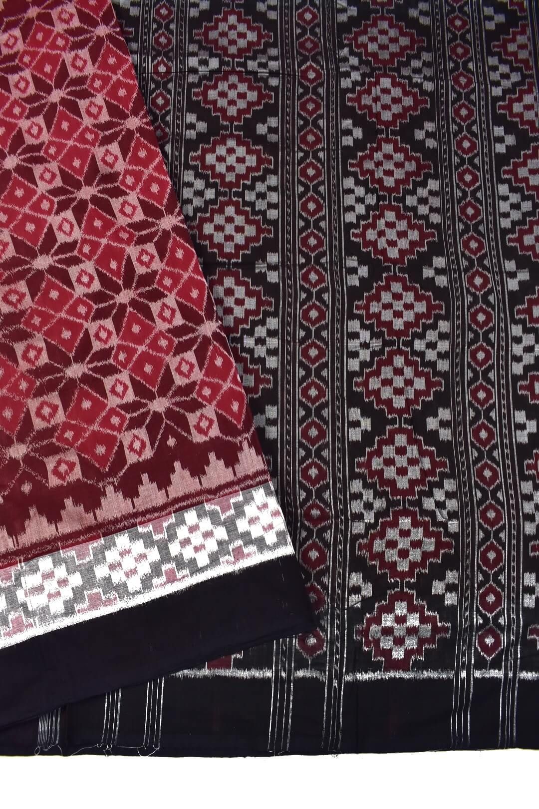 Maroon Colour Plane Border Sambalpuri Handloom Cotton Saree - Image 3