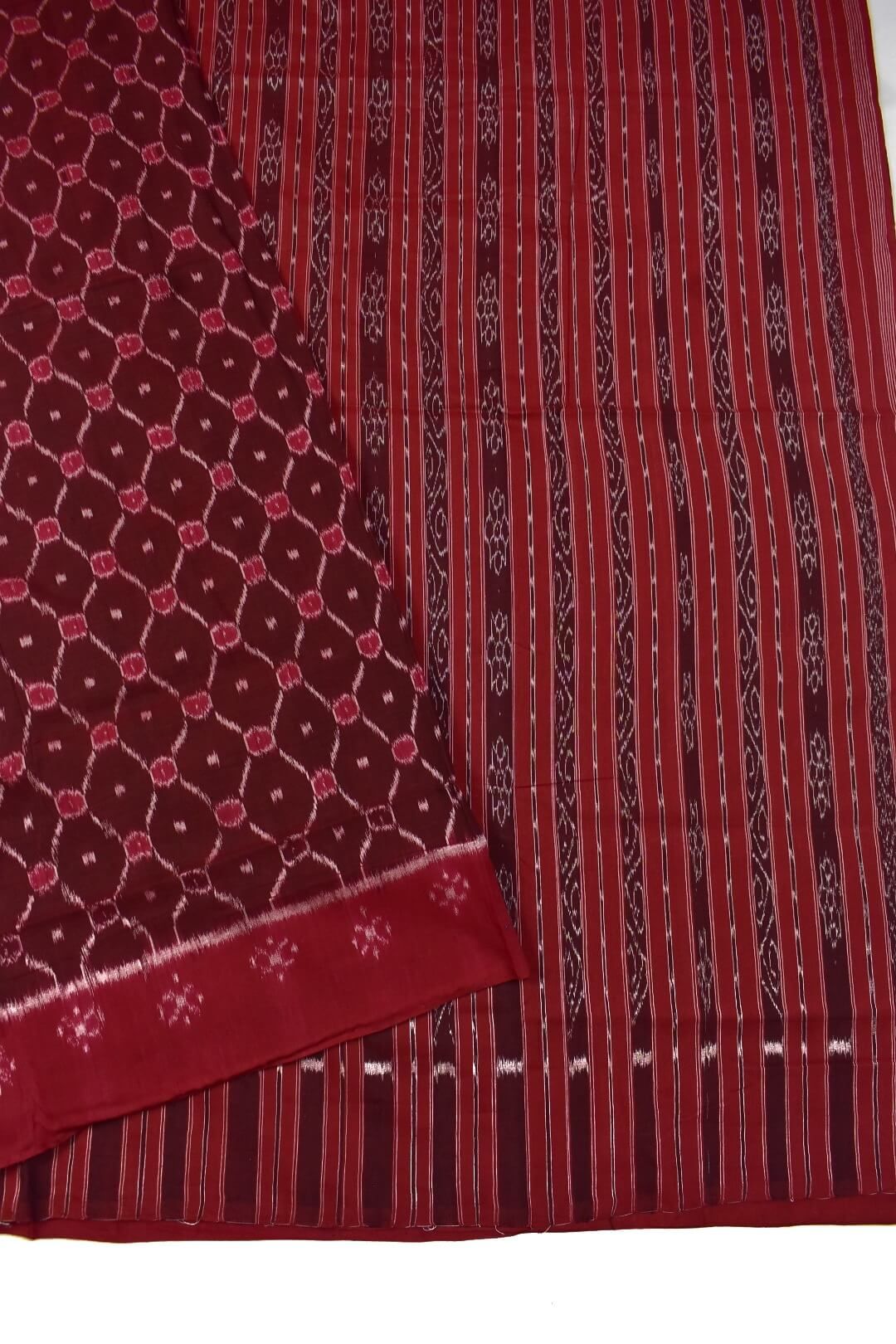 Maroon Colour Plane Border Sambalpuri Handloom Cotton Saree - Image 3