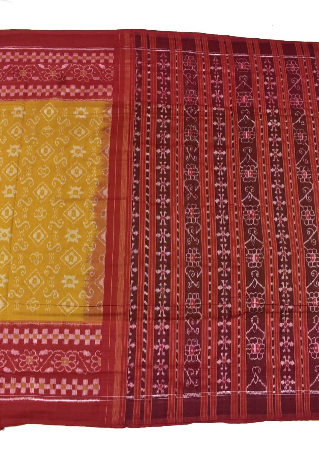 Yellow Colour Plane Border Sambalpuri Handloom Cotton Saree - Image 2