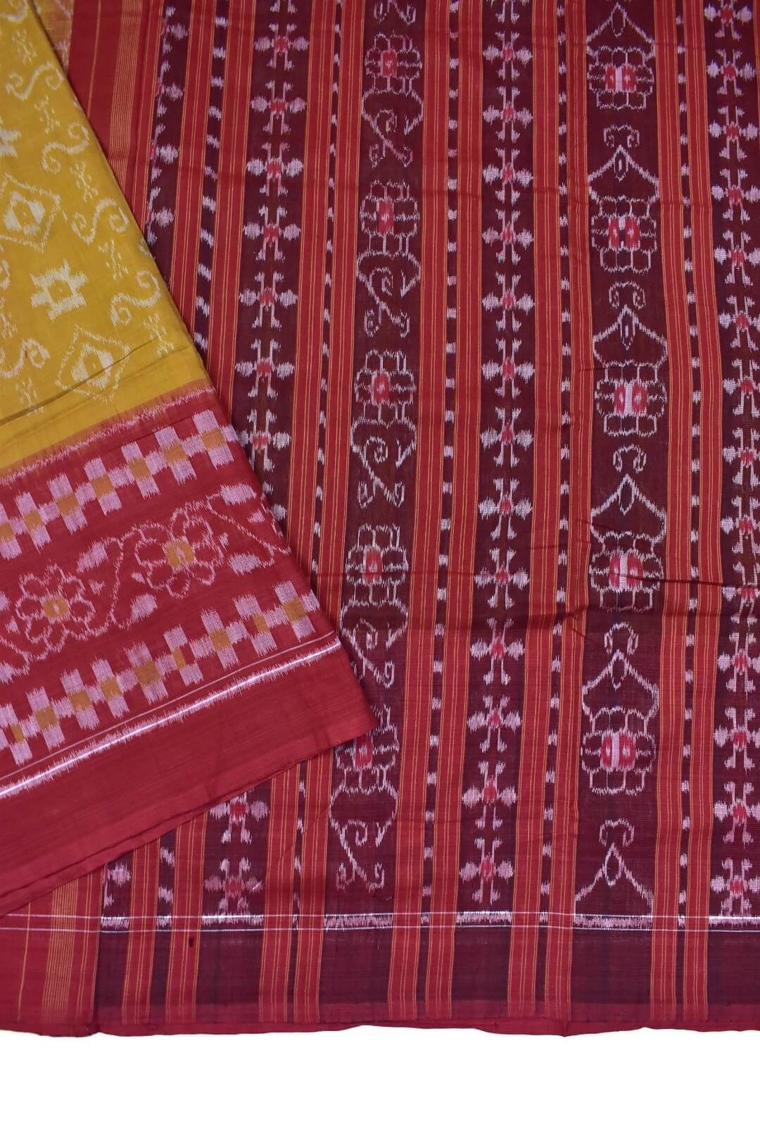 Yellow Colour Plane Border Sambalpuri Handloom Cotton Saree - Image 3