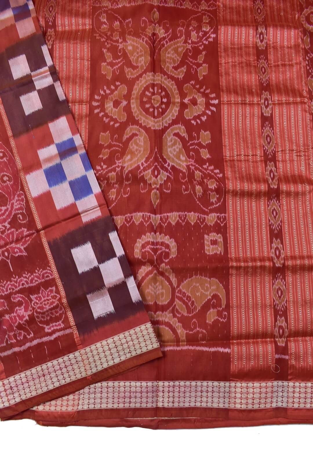 Rust Colour Pasapali Design Sambalpuri Handloom Bandha Silk Saree - Image 3