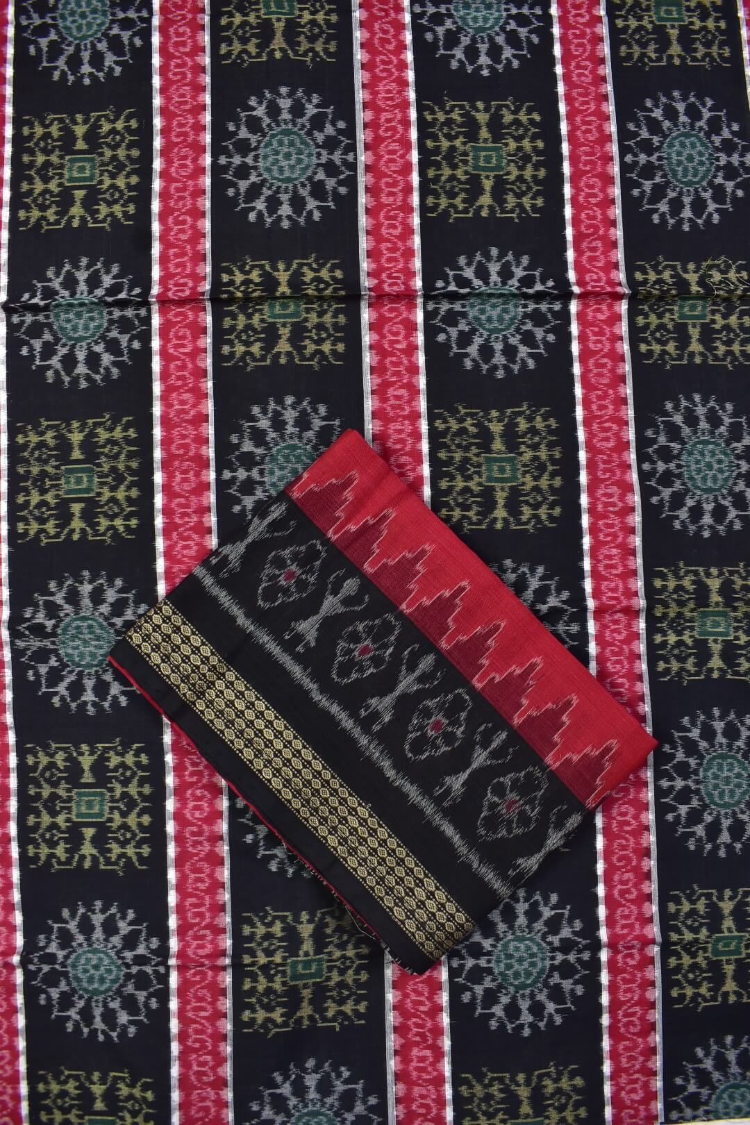 Black Colour Tribal Design Sambalpuri Handloom Cotton Dress Material - Image 3