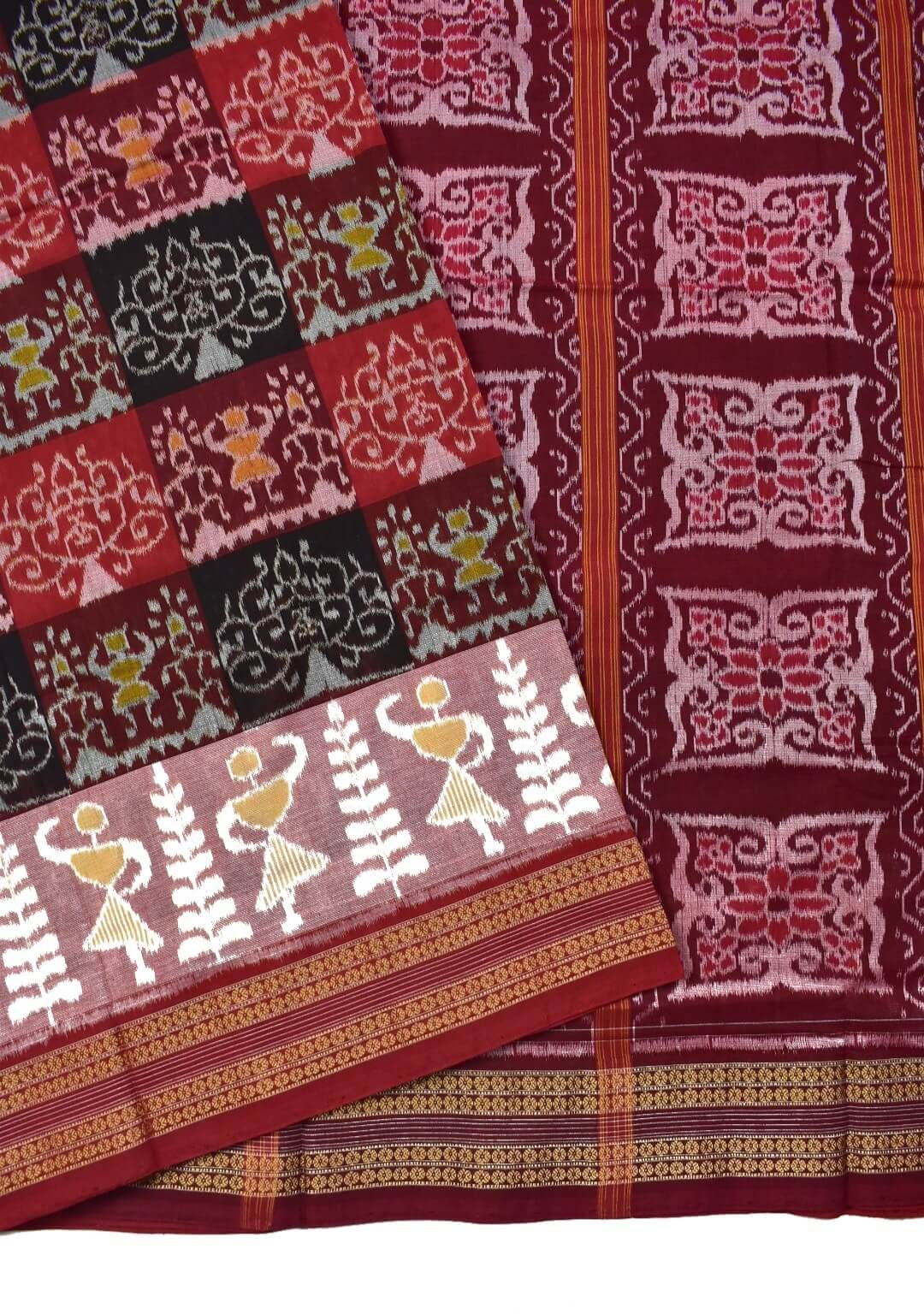 Red-Black Tribal Design Sambalpuri Handloom Bandha Cotton Saree - Image 3