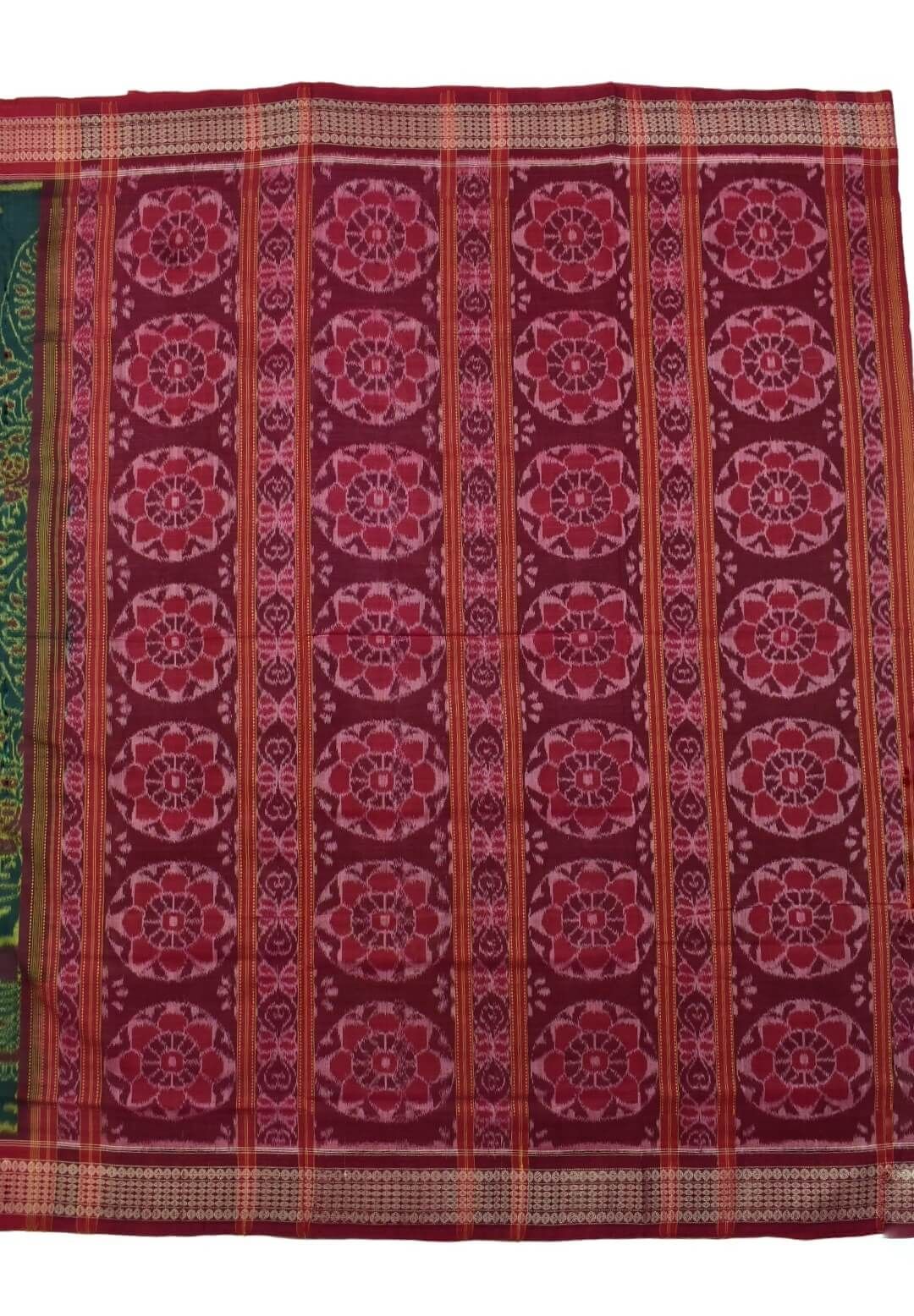 Green Colour Peacock Design Sambalpuri Handloom Bandha Cotton Saree - Image 2