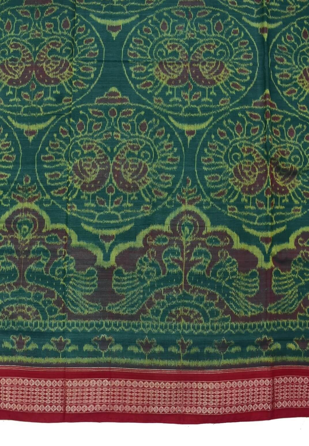 Green Colour Peacock Design Sambalpuri Handloom Bandha Cotton Saree - Image 4