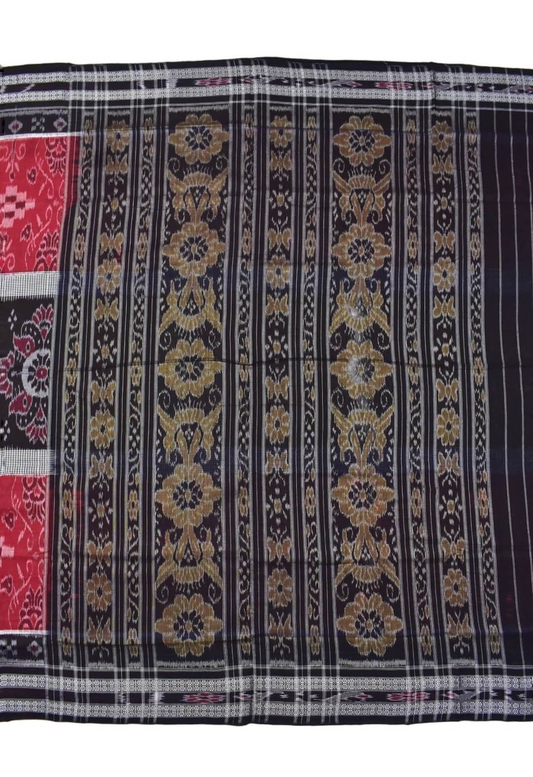 Red-Black Pasapali Design Sambalpuri Handloom Mania Bandha Cotton Saree - Image 2