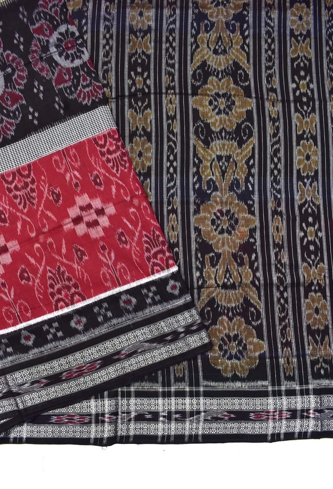 Red-Black Pasapali Design Sambalpuri Handloom Mania Bandha Cotton Saree - Image 3