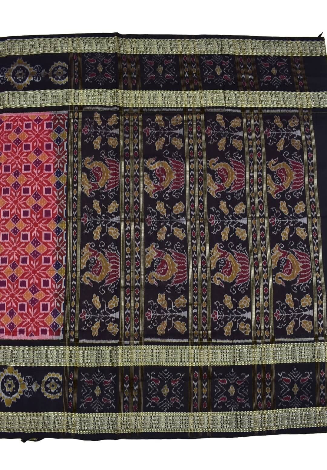 Red Colour Double Border Sambalpuri Handloom Bandha Cotton Saree - Image 2