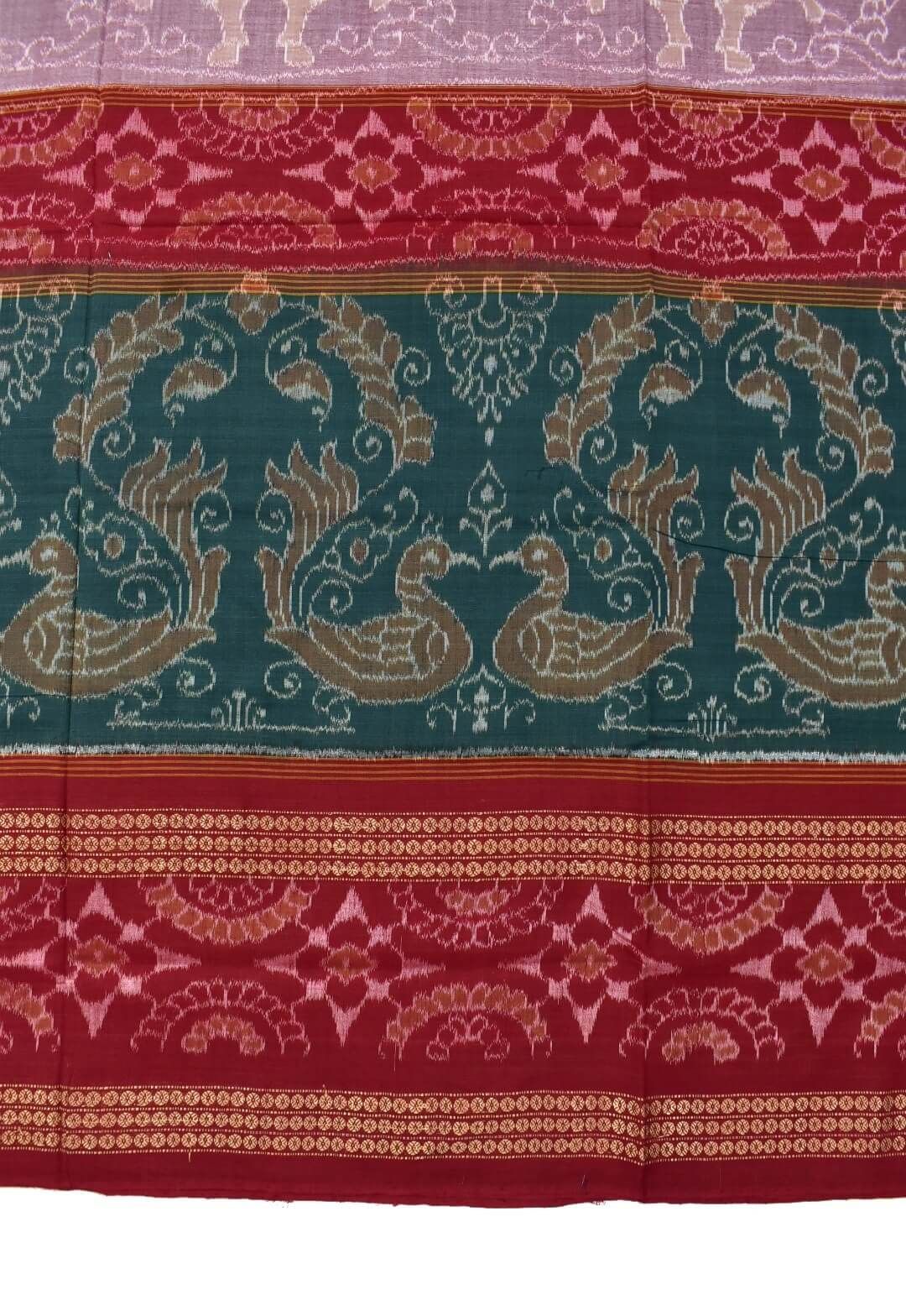 Green-Red Combination Double Border Sambalpuri Handloom Bandha Cotton Saree - Image 4
