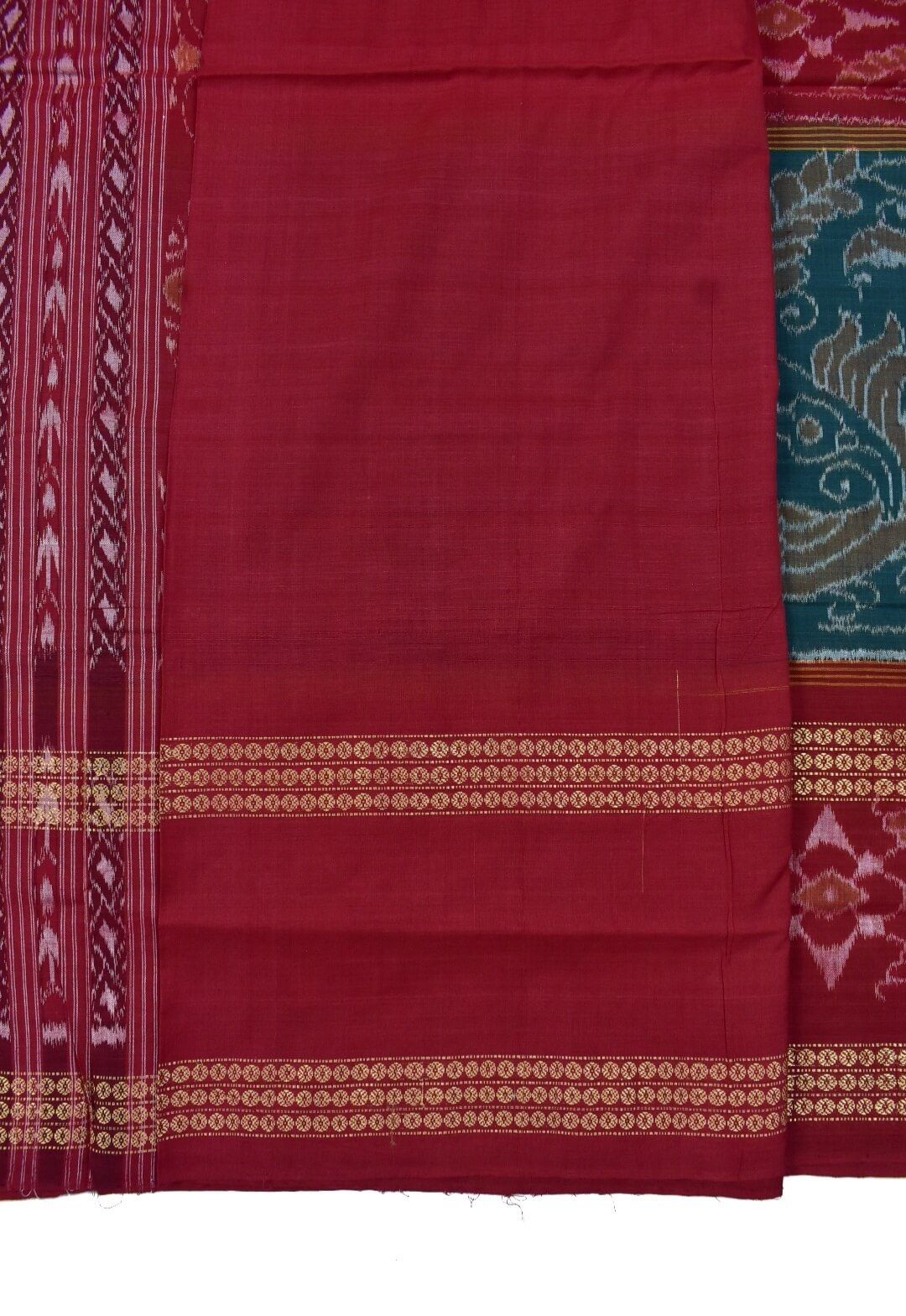 Green-Red Combination Double Border Sambalpuri Handloom Bandha Cotton Saree - Image 5