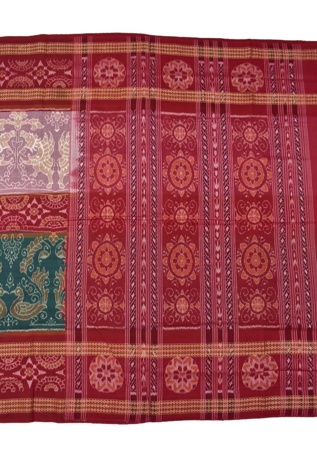 Green-Red Combination Double Border Sambalpuri Handloom Bandha Cotton Saree - Image 2