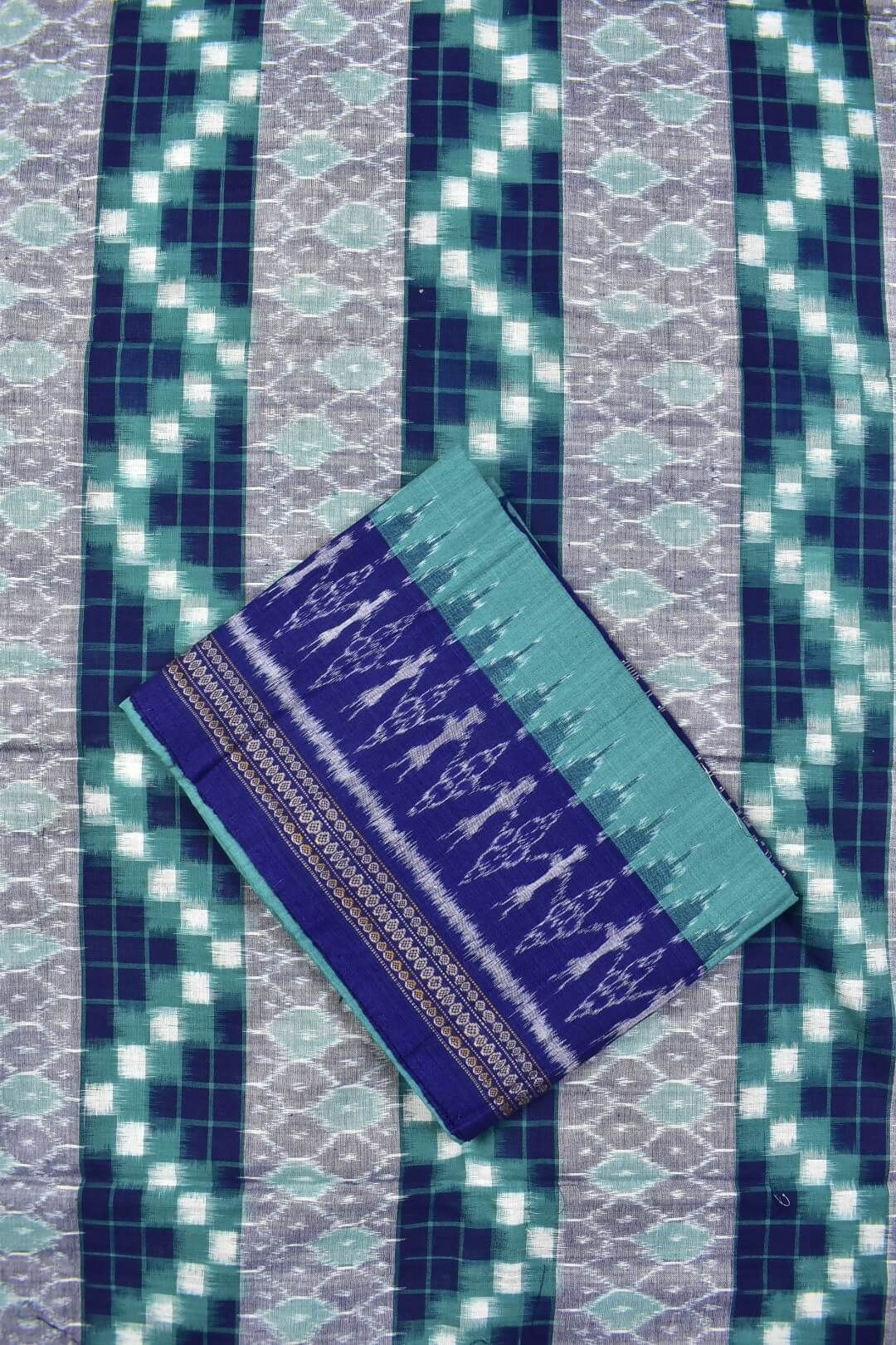 Rama Green-Blue Combination Sambalpuri Handloom Cotton Dress Material - Image 3