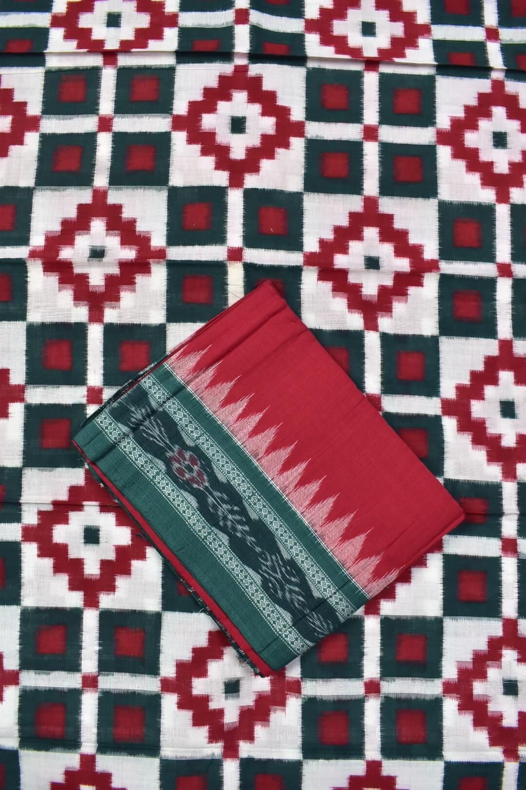 Green-Red Combination Pasapali Design Sambalpuri Handloom Cotton Dress Material - Image 3