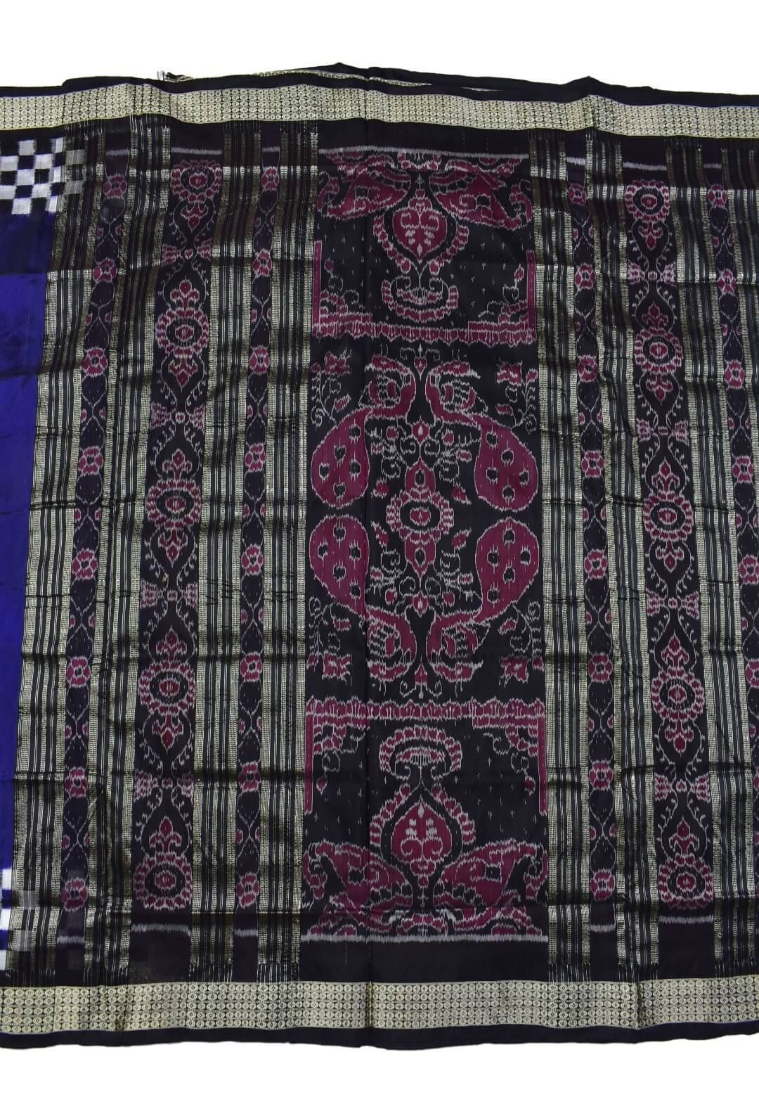 Blue Colour Check Border Design Sambalpuri Handloom Bandha Silk Saree - Image 2